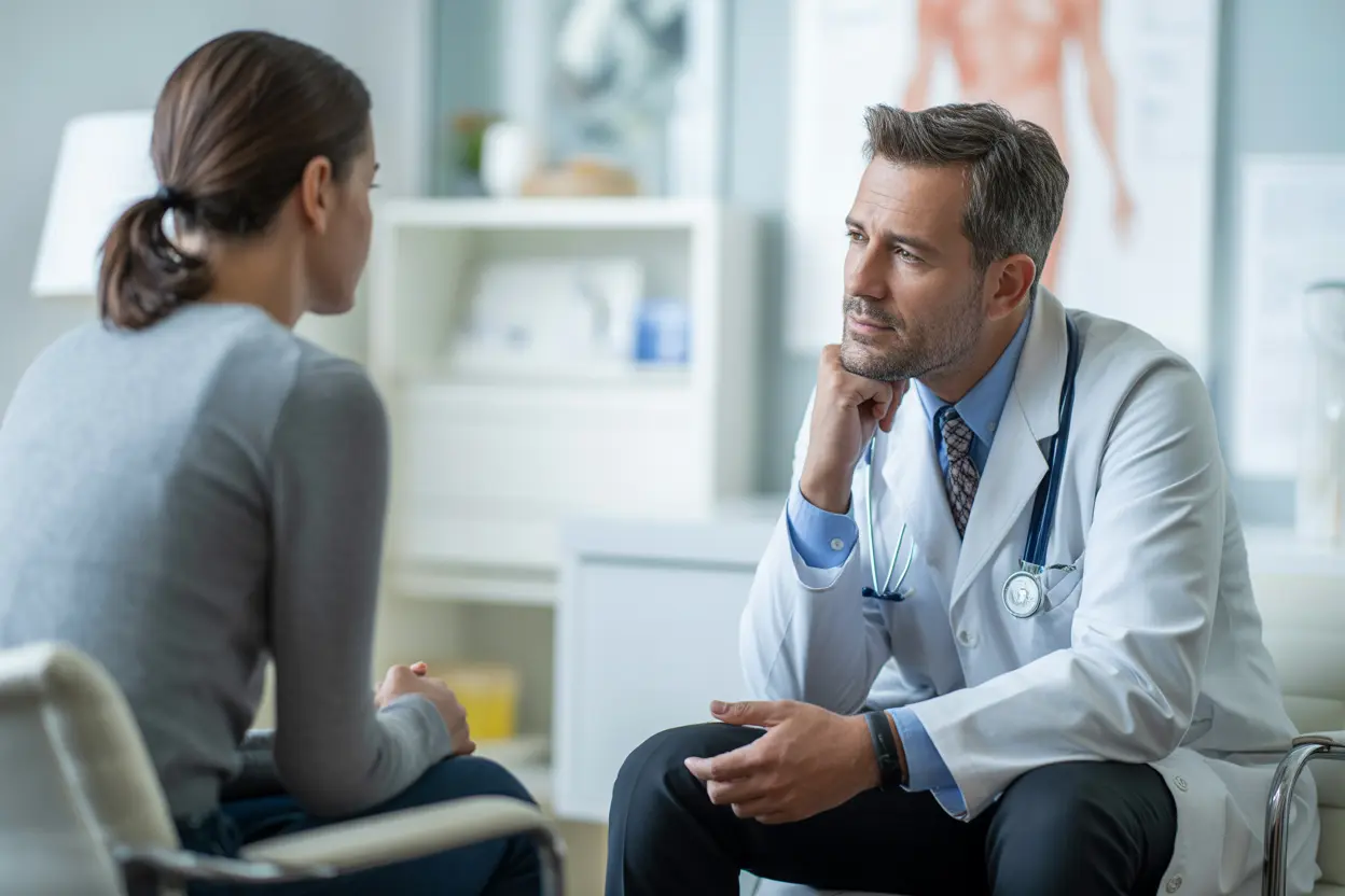 A concerned doctor provides empathetic consultation to a patient in a bright, modern office.