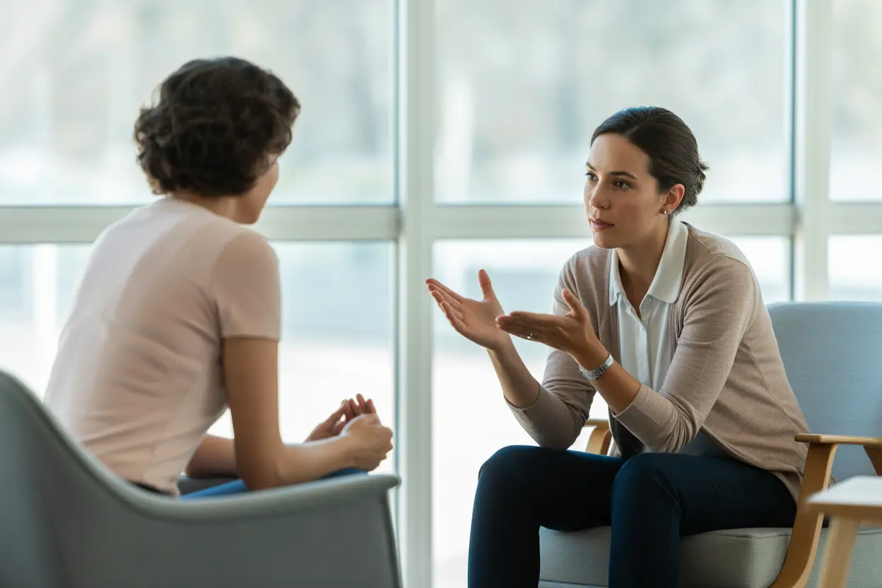 A compassionate therapist actively listening to a patient in a bright, comfortable office setting.