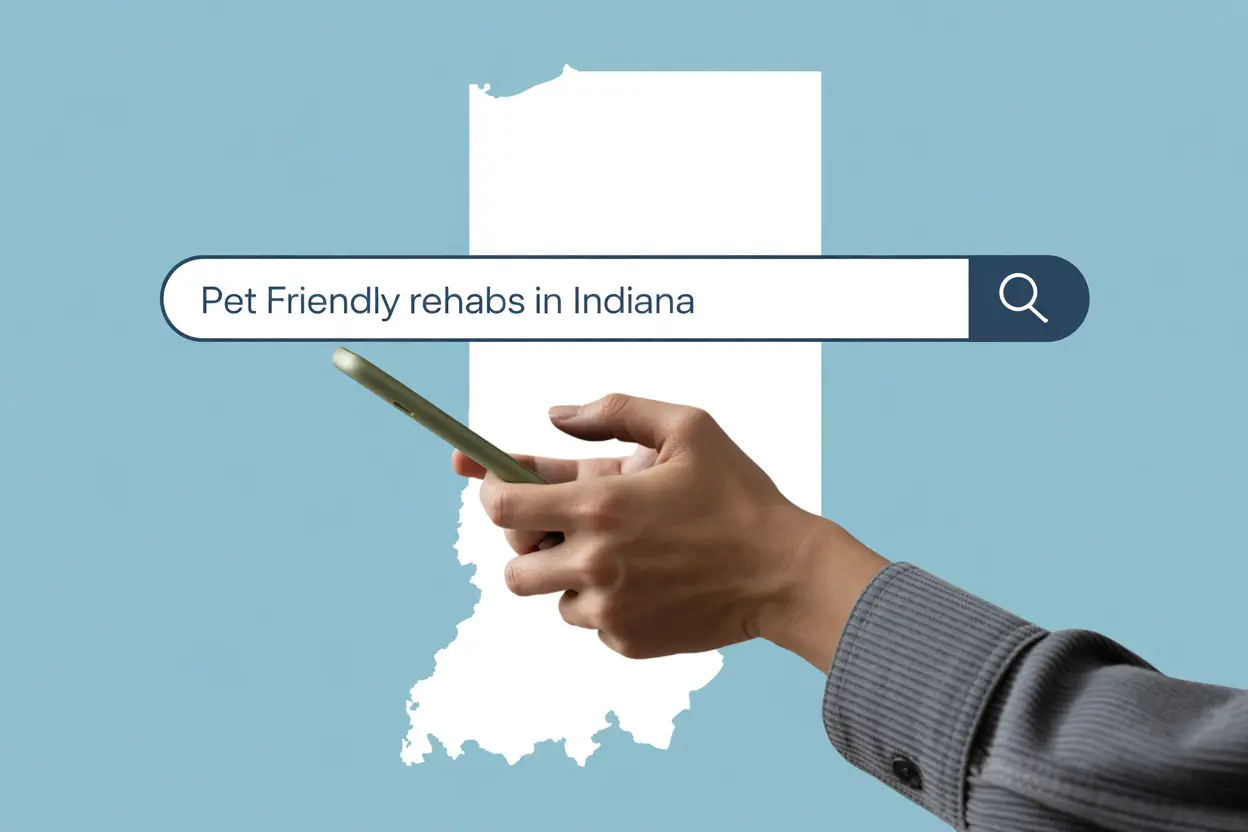 A person's hand holding a phone searching for pet friendly rehabs in Indiana.