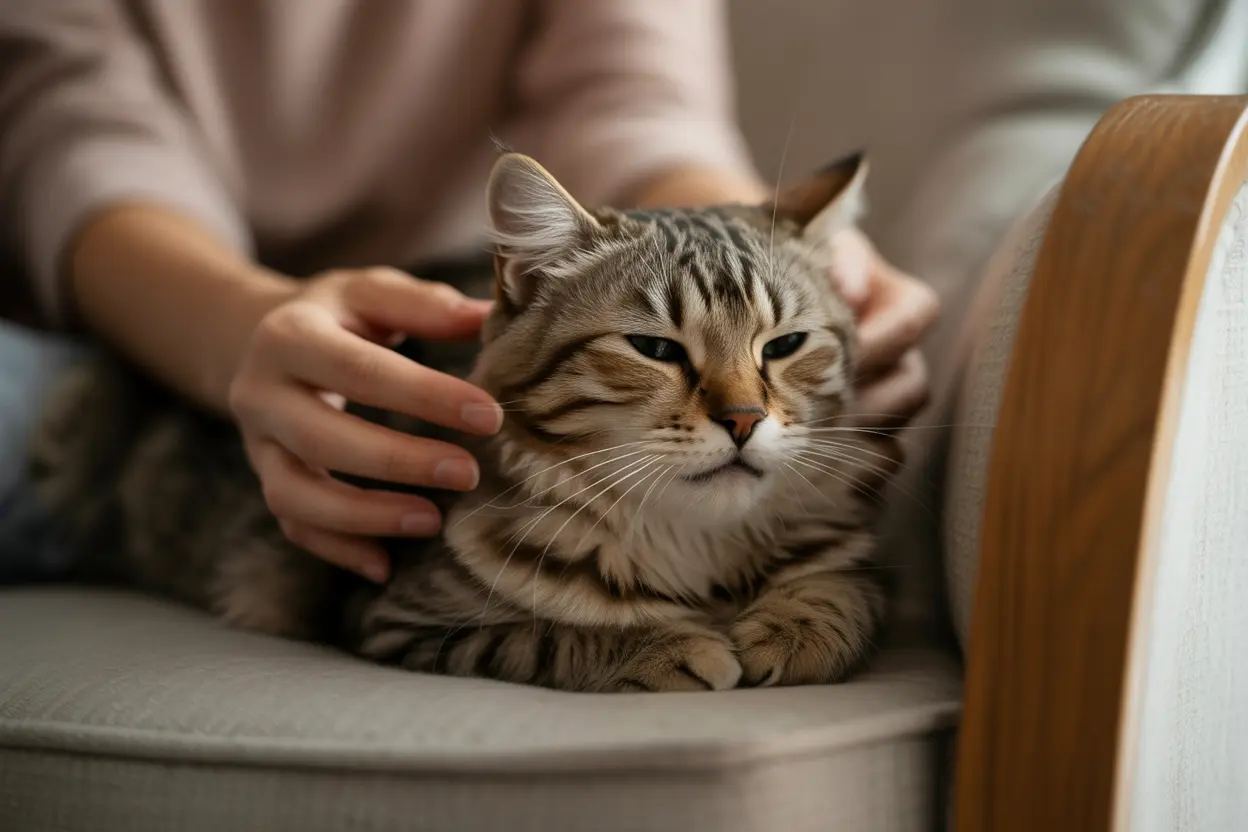A person's hands gently stroking a purring cat, conveying comfort and emotional relief.