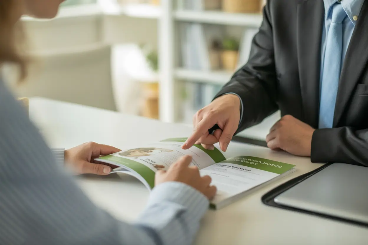 An admissions counselor explaining pet policies to a prospective client in a bright office.