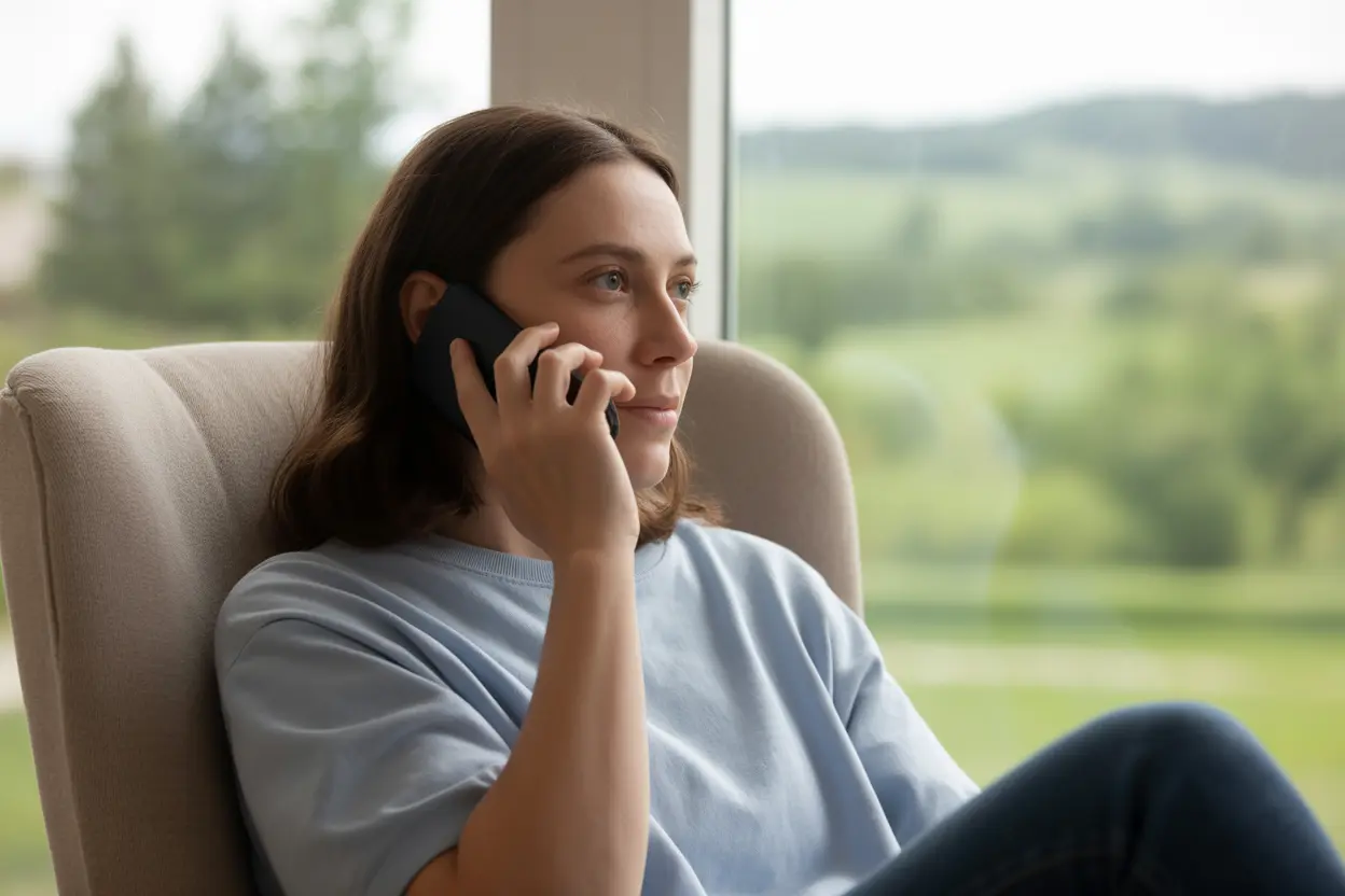A person finds hope while on the phone with an Indiana rehab facility, with a peaceful landscape visible outside.