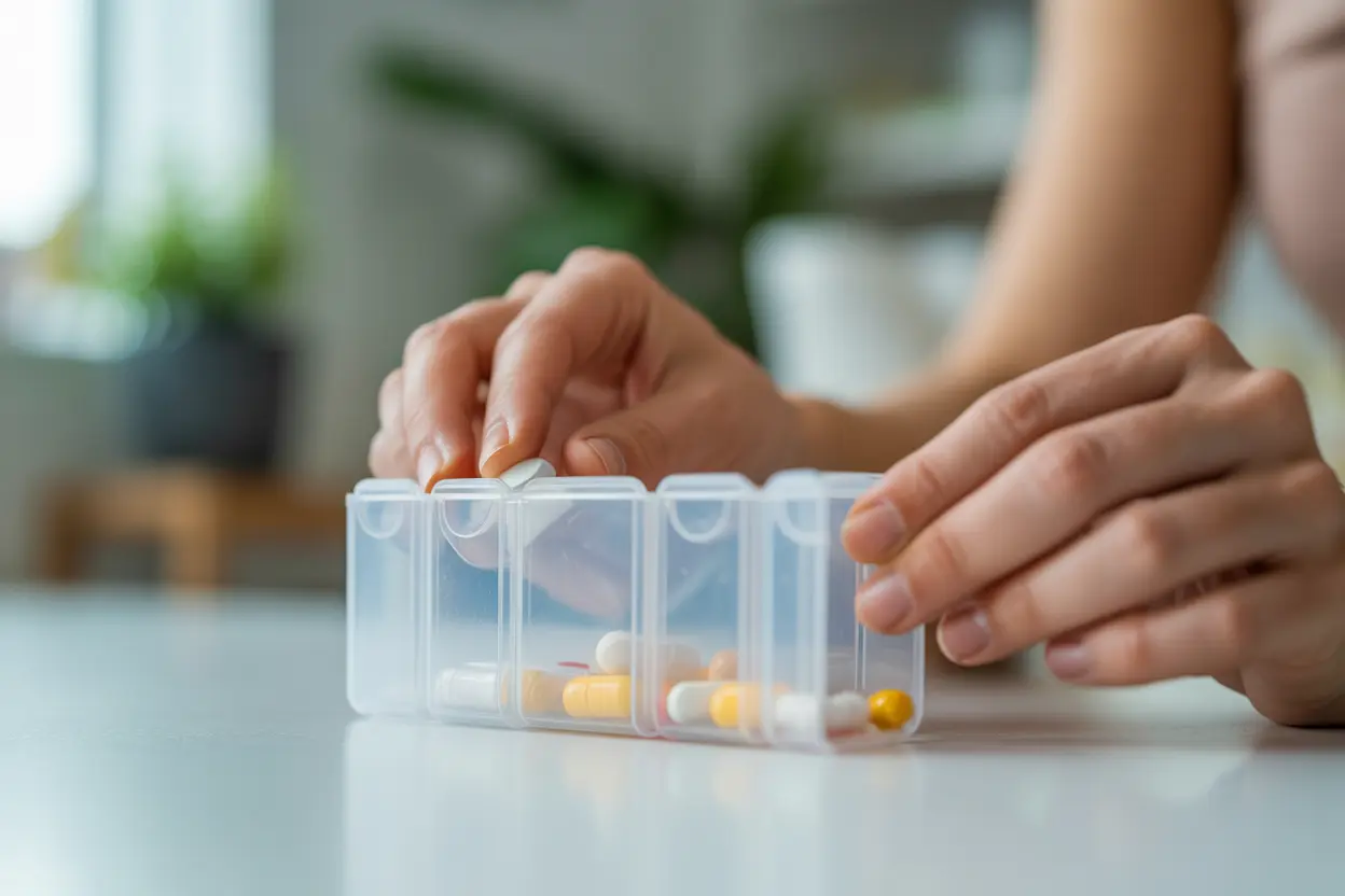 A person's hands carefully organizing a weekly pill dispenser, symbolizing proactive medication management in recovery.