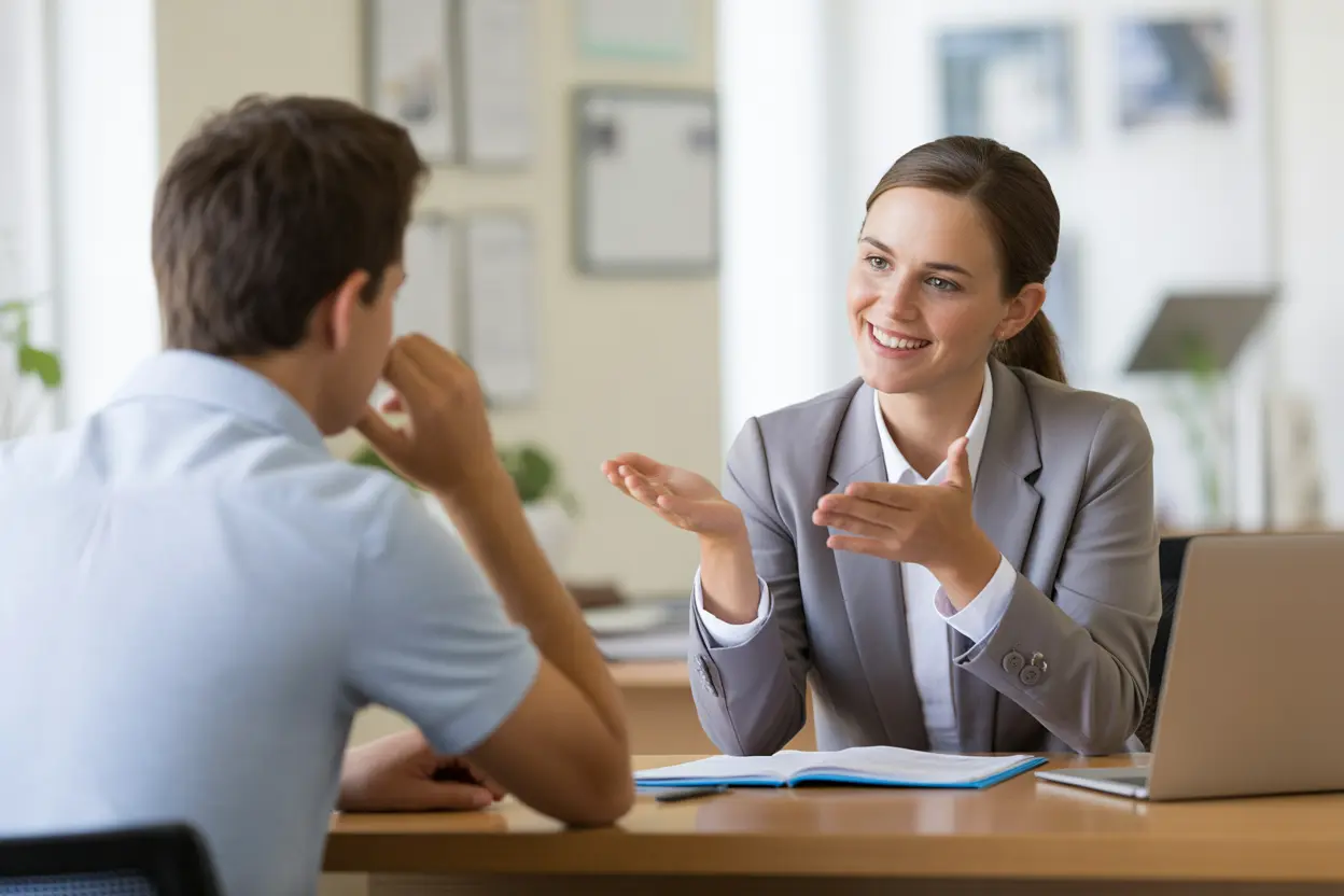 An admissions specialist warmly assists a person with questions in a bright, professional office.