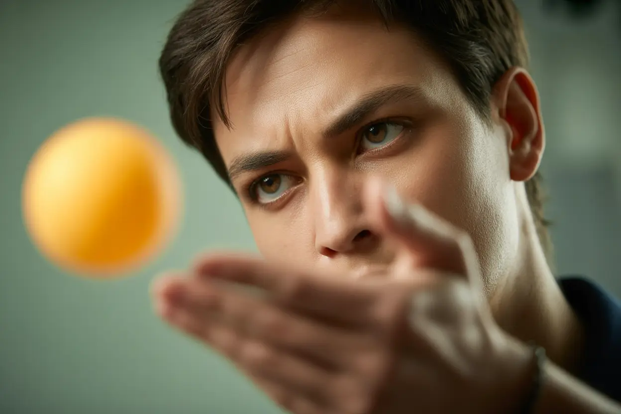 A person with a look of calm determination serves a ping-pong ball, symbolizing the mindful focus the game provides.