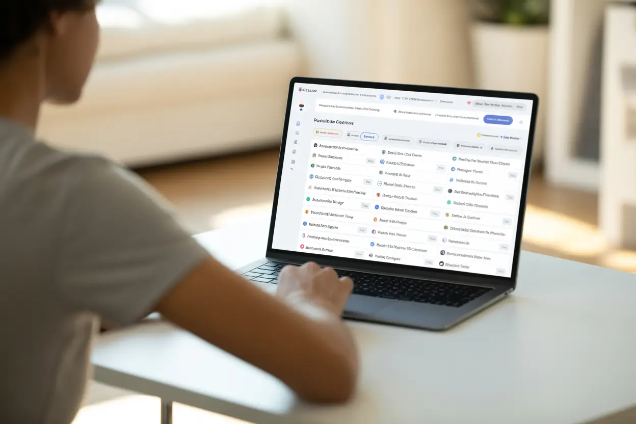 A person at a desk browsing a directory of rehab centers on a laptop, feeling empowered to find the right treatment.