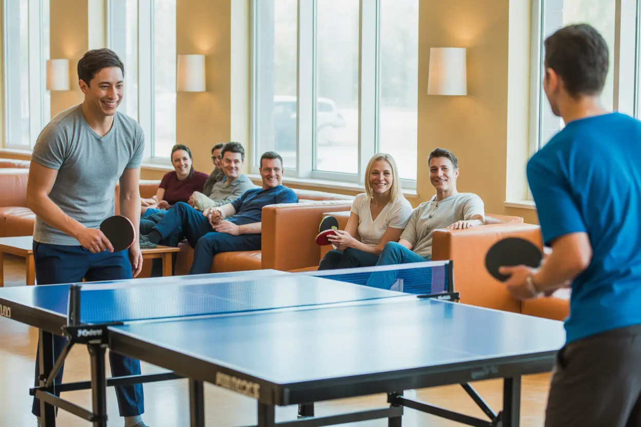 A sunny common area in a rehab facility where two people are playing table tennis as others watch and smile, highlighting the social benefits of recovery.