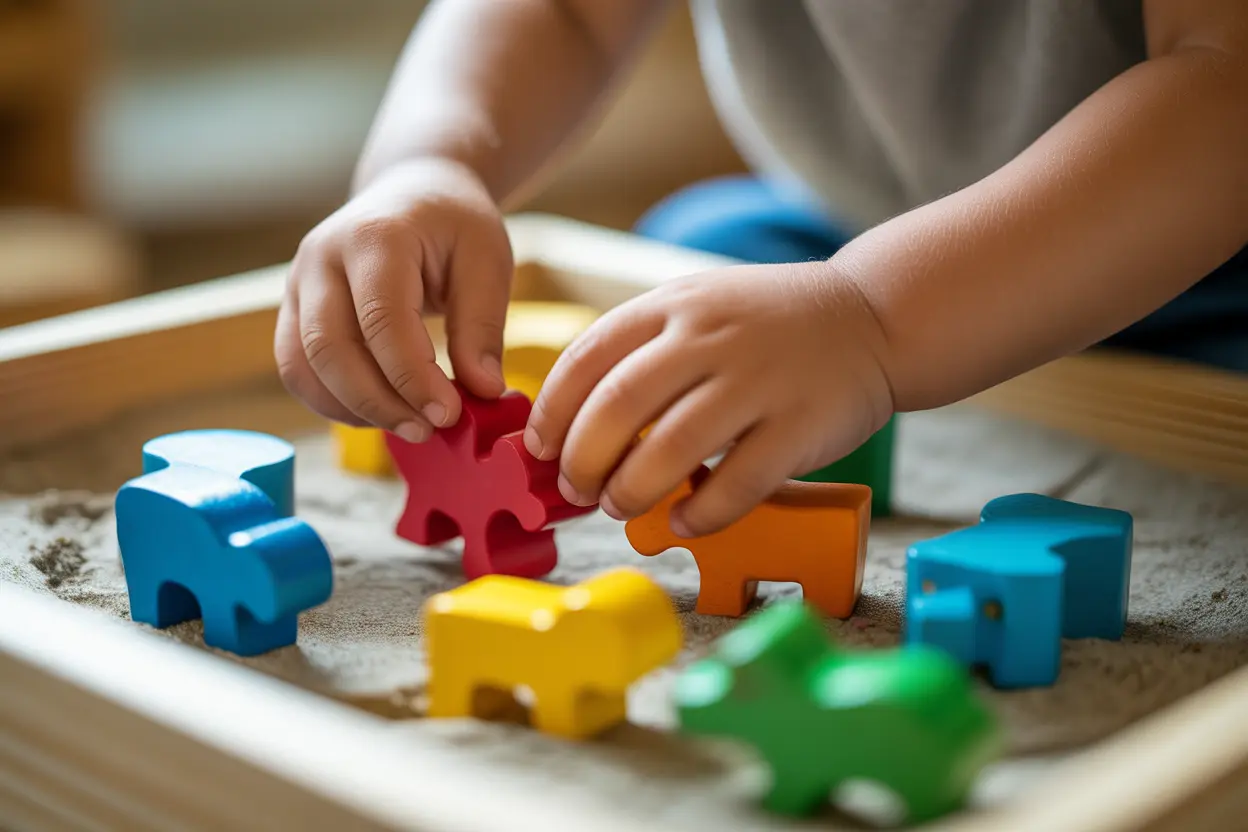 A child's hands carefully arrange colorful wooden animal figures in a sand tray, symbolizing the focused and creative nature of play therapy.