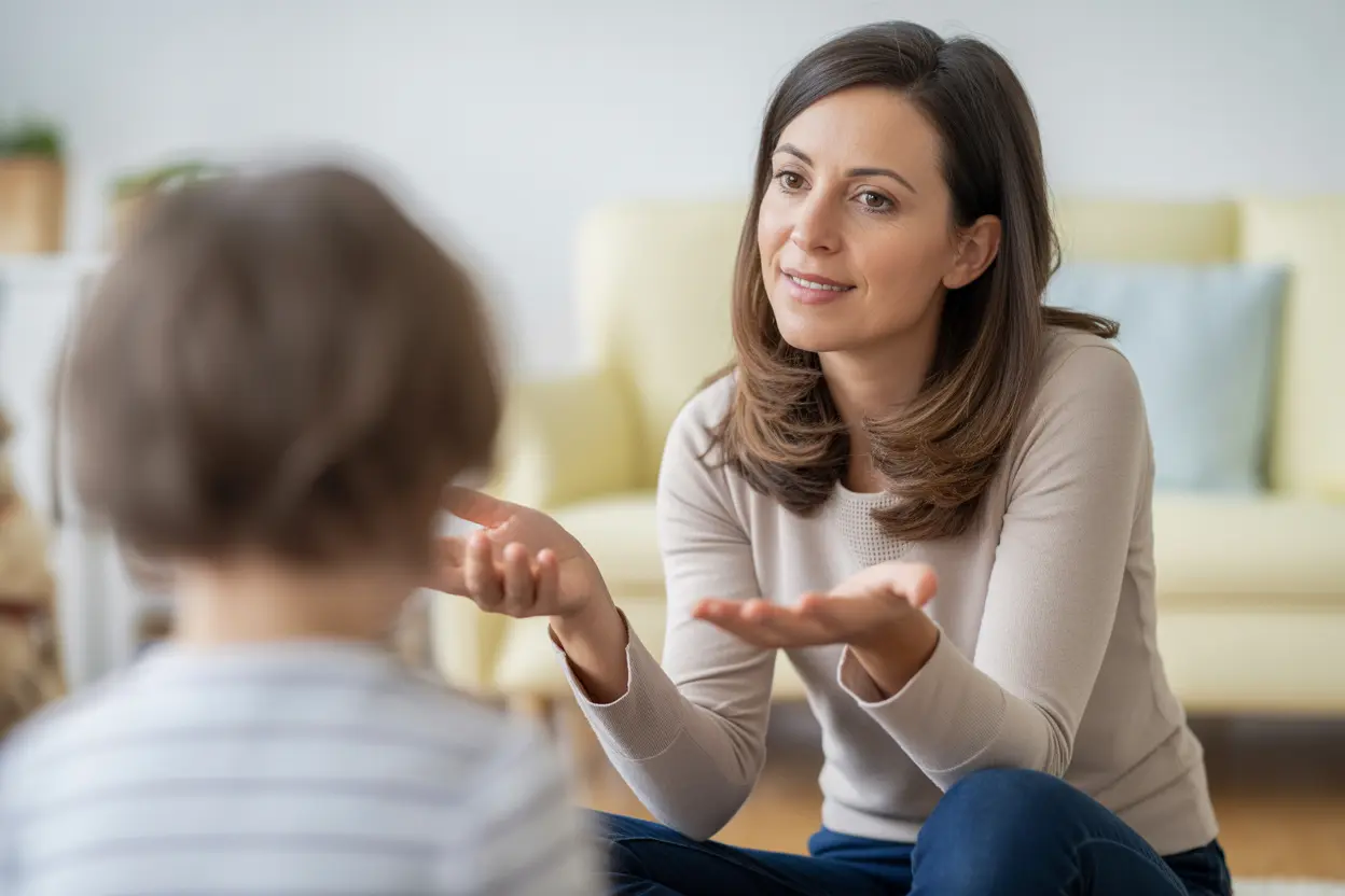 An empathetic female therapist sits on the floor, listening attentively to a child who is just out of frame, in a bright and comfortable therapy room.
