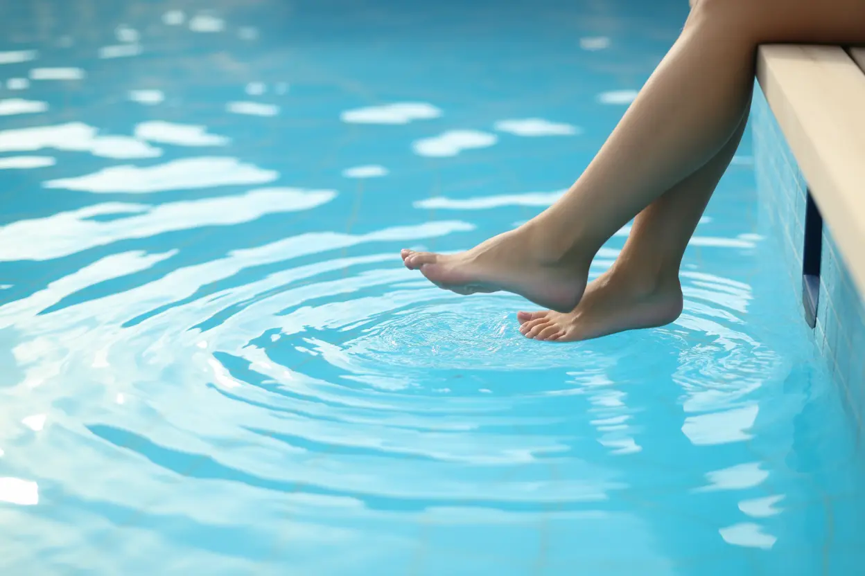 A person's feet relaxing in the clear blue water of a swimming pool, representing tranquility in recovery.