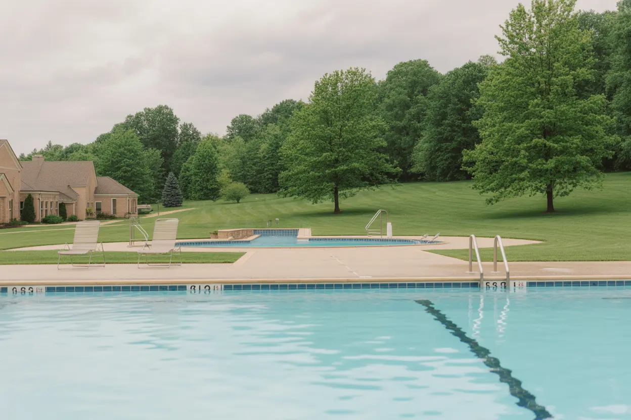 A serene outdoor swimming pool at an Indiana rehab facility, surrounded by trees and lounge chairs.