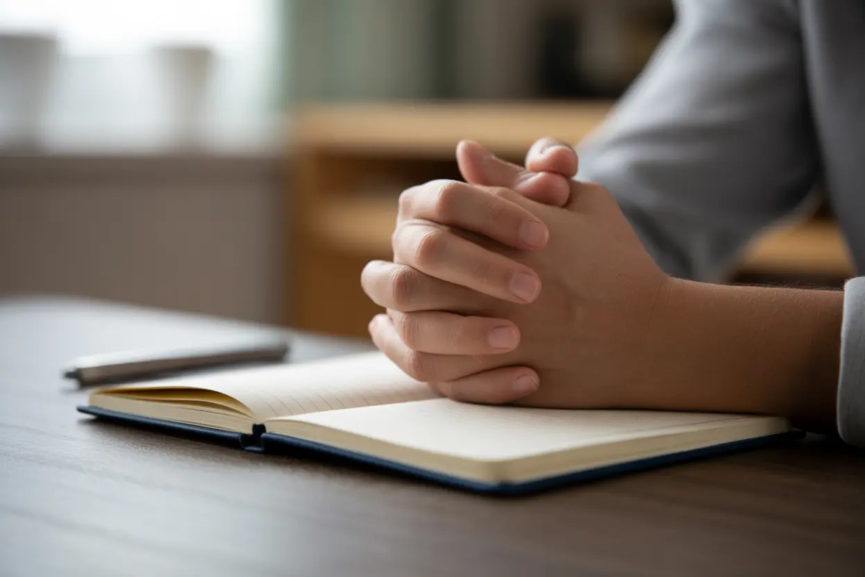 Hands resting on a journal on a wooden desk, symbolizing a moment of self-reflection about seeking help for porn addiction.