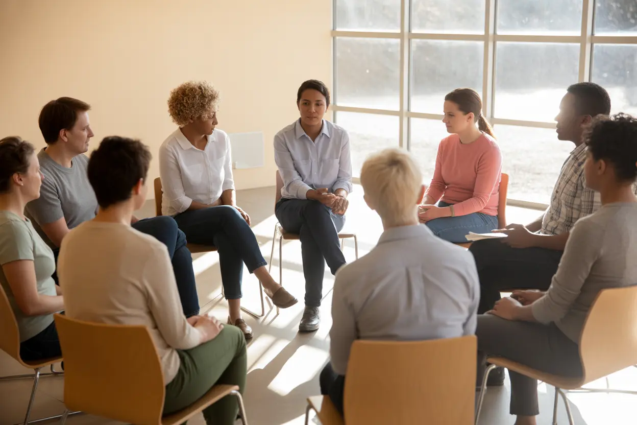 A diverse group of people in a support group circle, representing community and healing in porn addiction treatment.