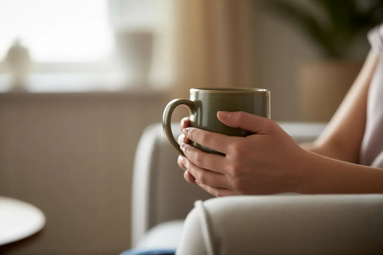 A person's hands holding a warm mug, symbolizing a moment of self-care and stability during recovery.