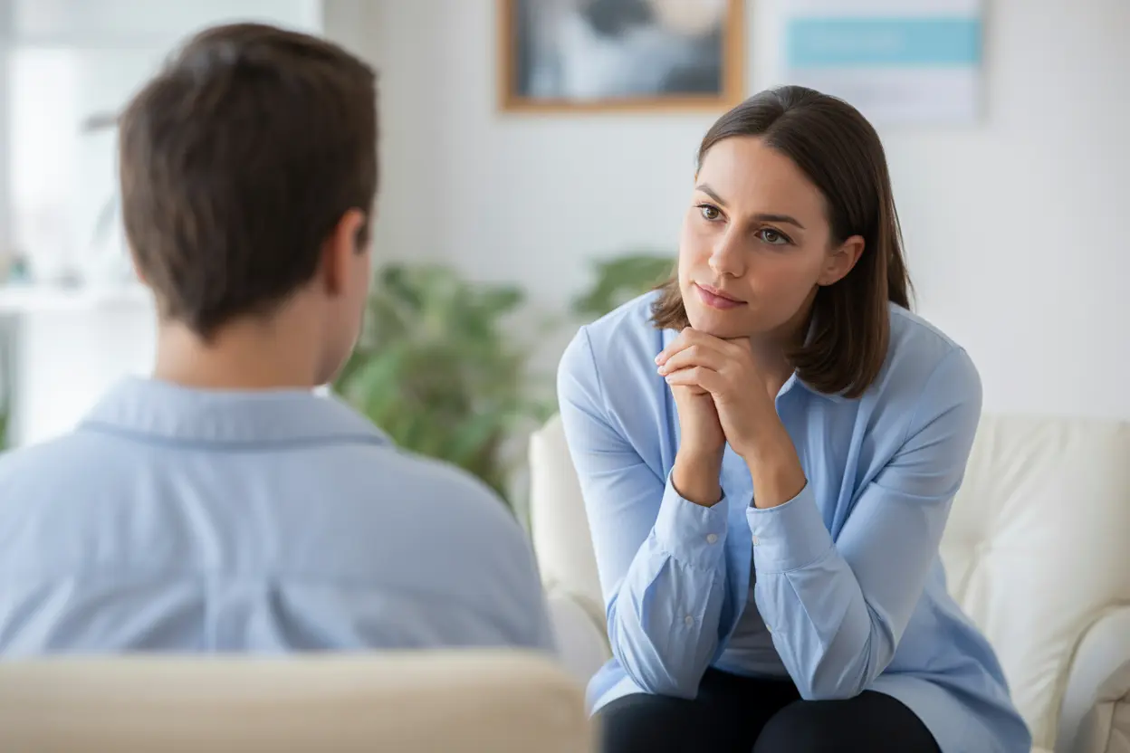 A therapist listens with a supportive expression to a client, illustrating the safe environment of professional addiction treatment.