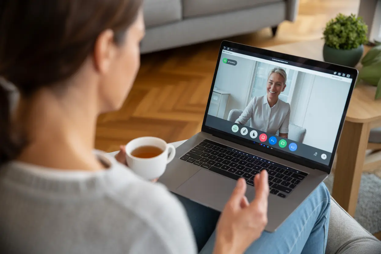 A woman in a comfortable home setting participates in a telehealth therapy session on her laptop, with a warm and engaged therapist on the screen.