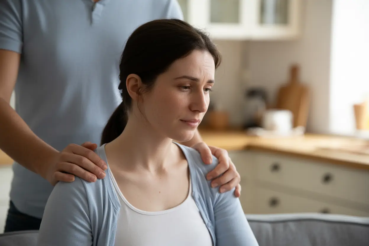 A supportive friend offers a comforting hand on the shoulder of a new mother who looks tired but receptive in a quiet kitchen with soft lighting.
