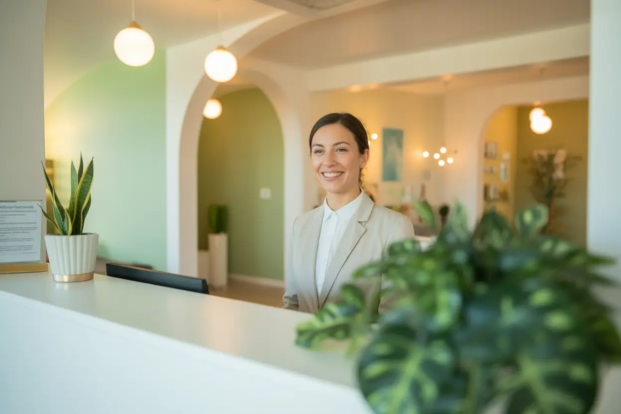 A welcoming reception area in a modern wellness center, conveying a sense of safety and support.
