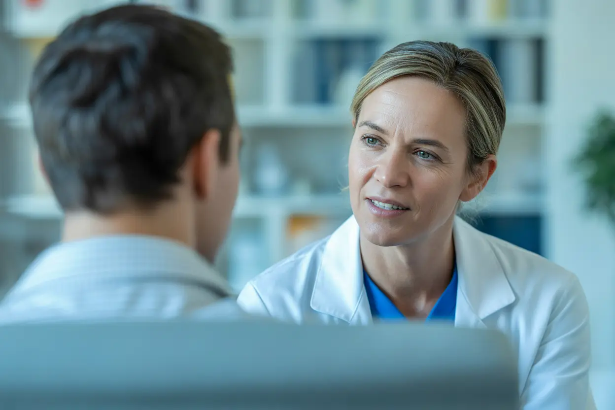 A compassionate healthcare professional reassuring a patient in a calm medical setting, representing safe detox.