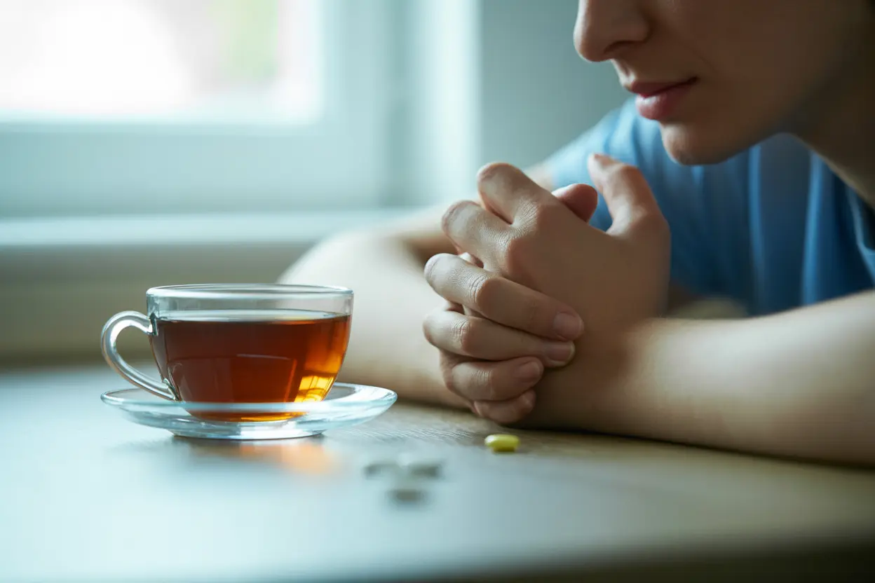 A person's hands resting on a table, looking worried, which reflects the emotional struggle of addiction.