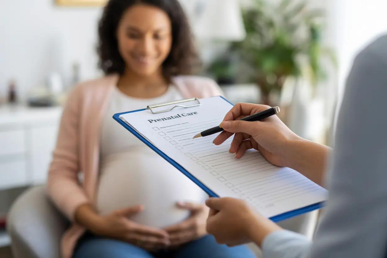 A care coordinator's hands holding a prenatal care checklist on a clipboard.