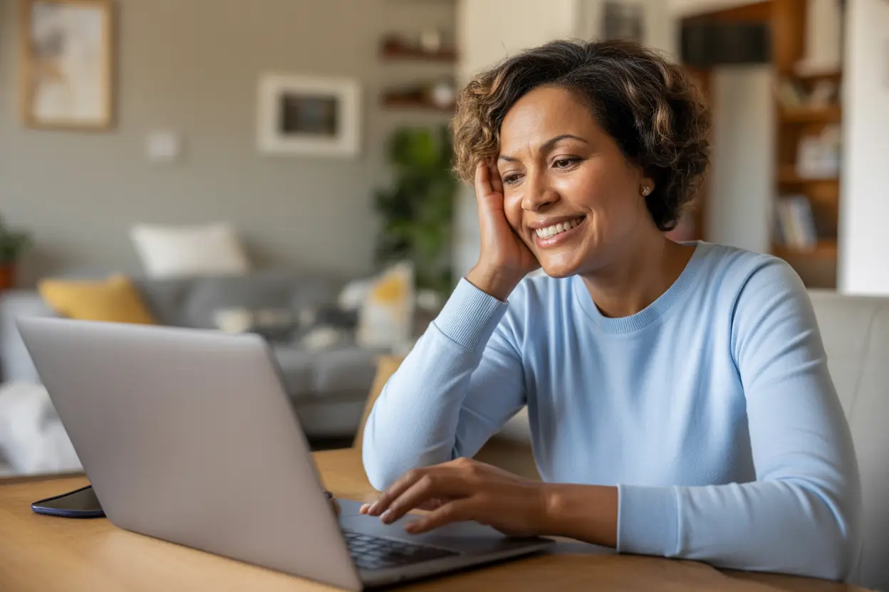 A female Veteran having a positive telehealth call on her laptop at home.