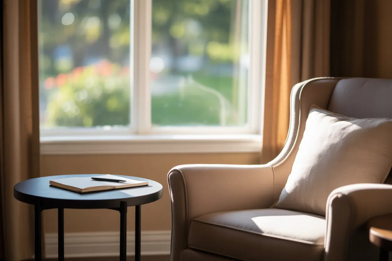 A quiet, comfortable corner of a private room in a rehab facility with sunlight streaming in.