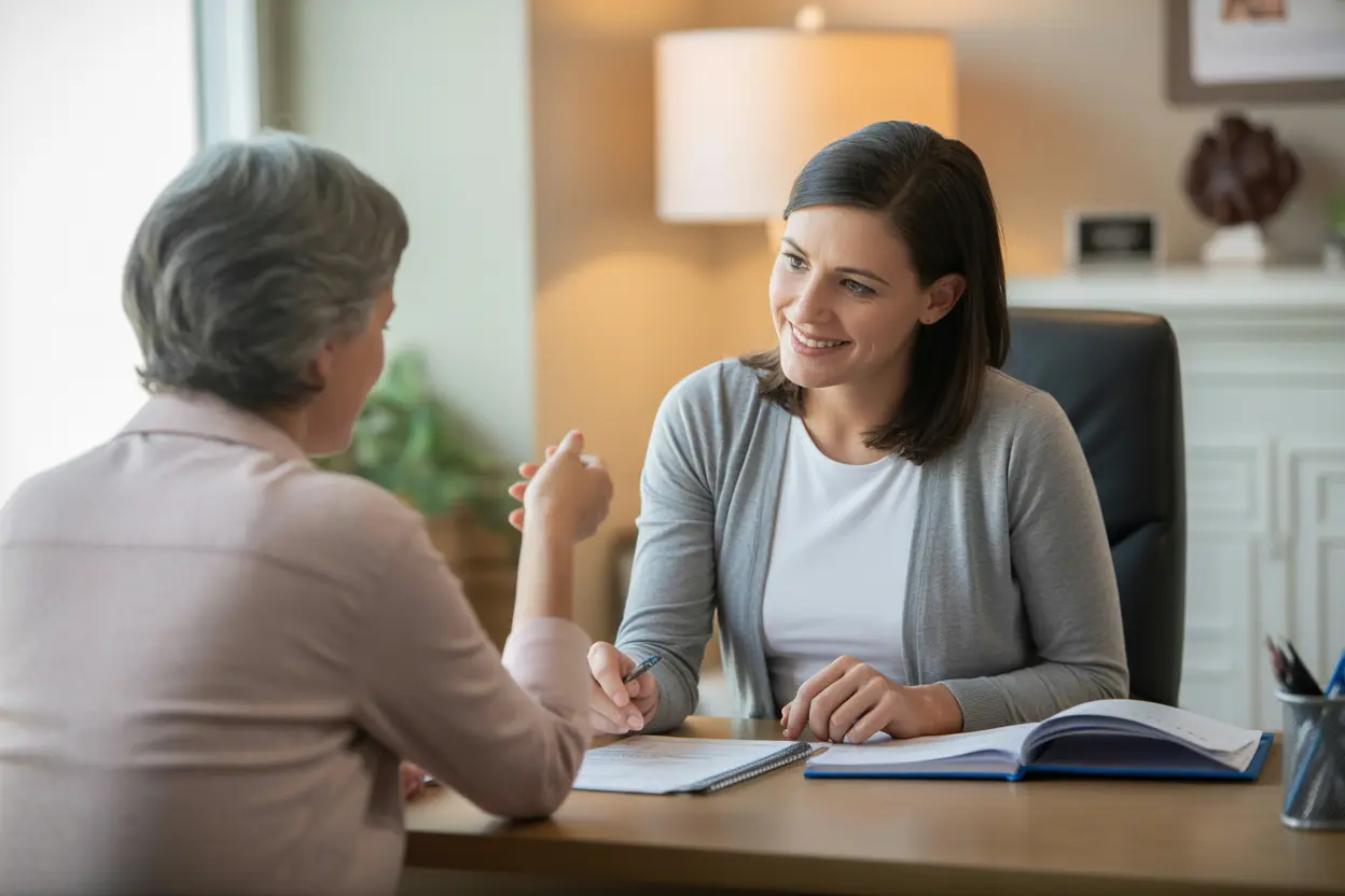 A supportive admissions advisor discussing payment options with a client in a bright office.