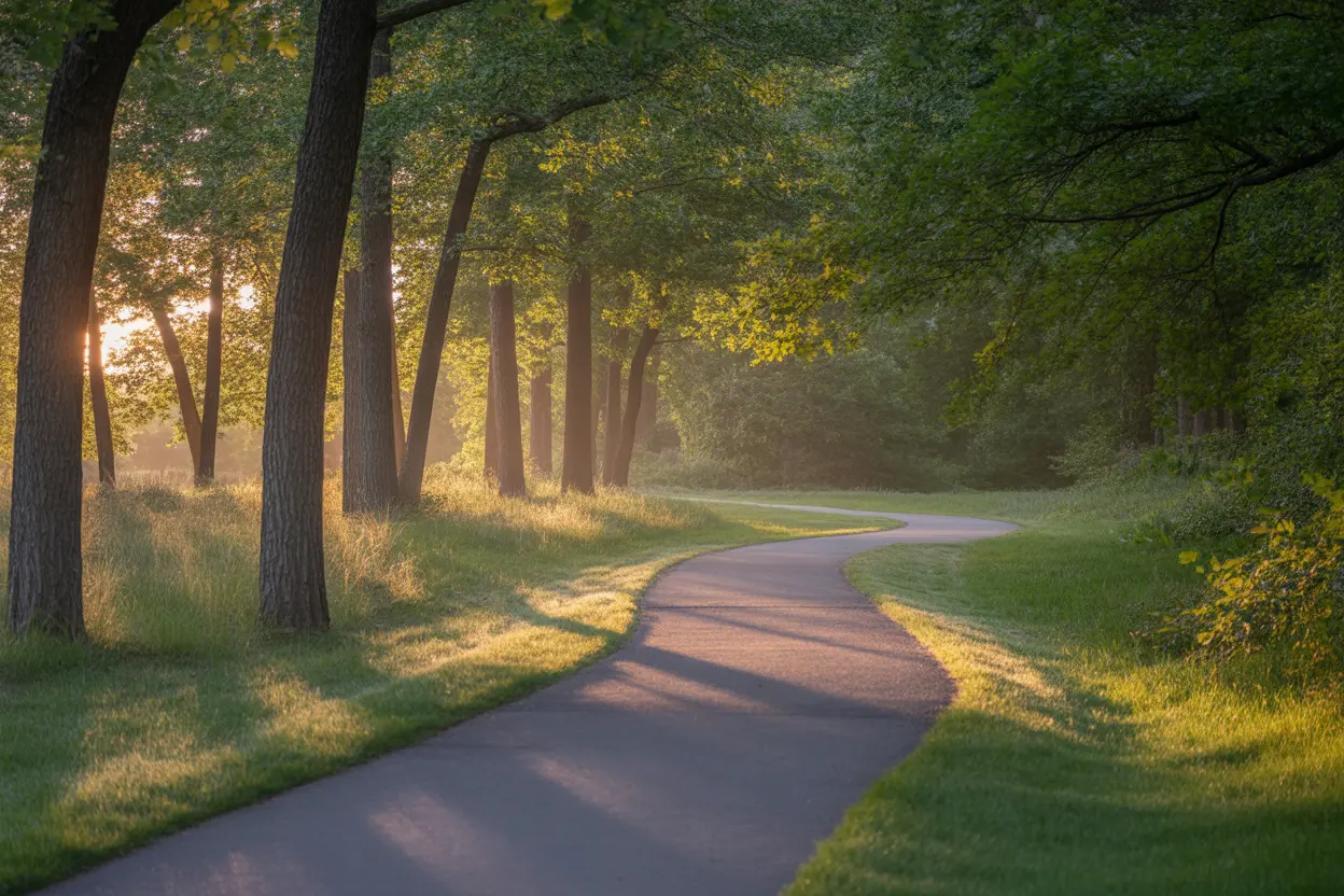 A peaceful, sunlit walking path in an Indiana park, symbolizing a hopeful path to recovery.