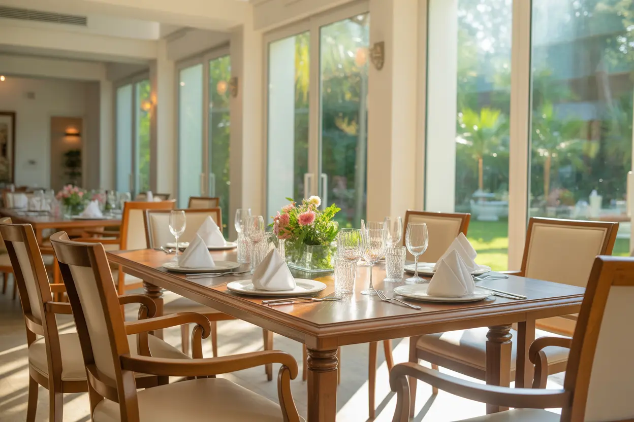 A serene and bright dining room in a luxury rehab center, suggesting a peaceful environment for recovery.