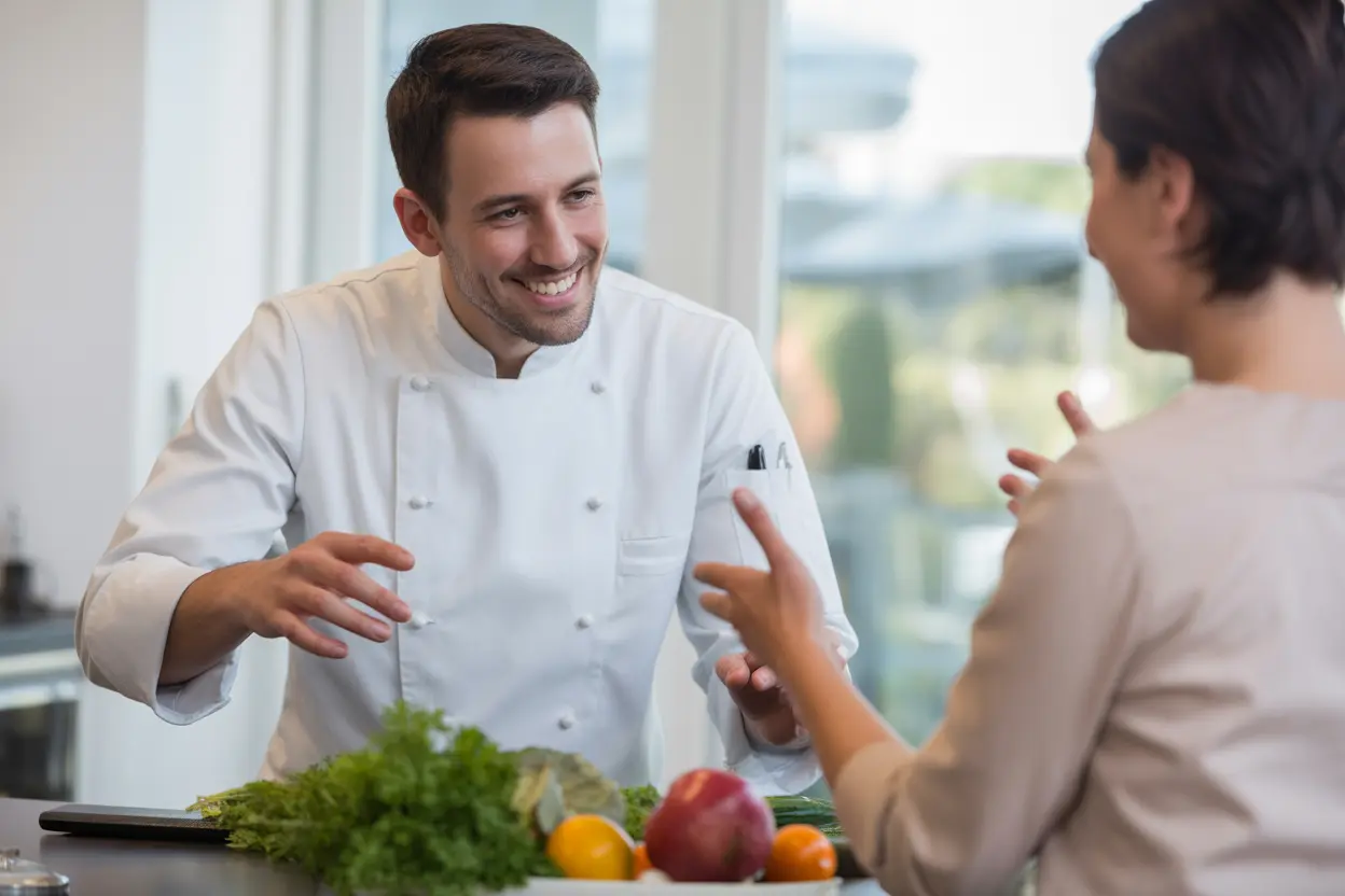 A professional chef discussing fresh vegetable options with a client in a modern kitchen, highlighting personalized nutritional care.