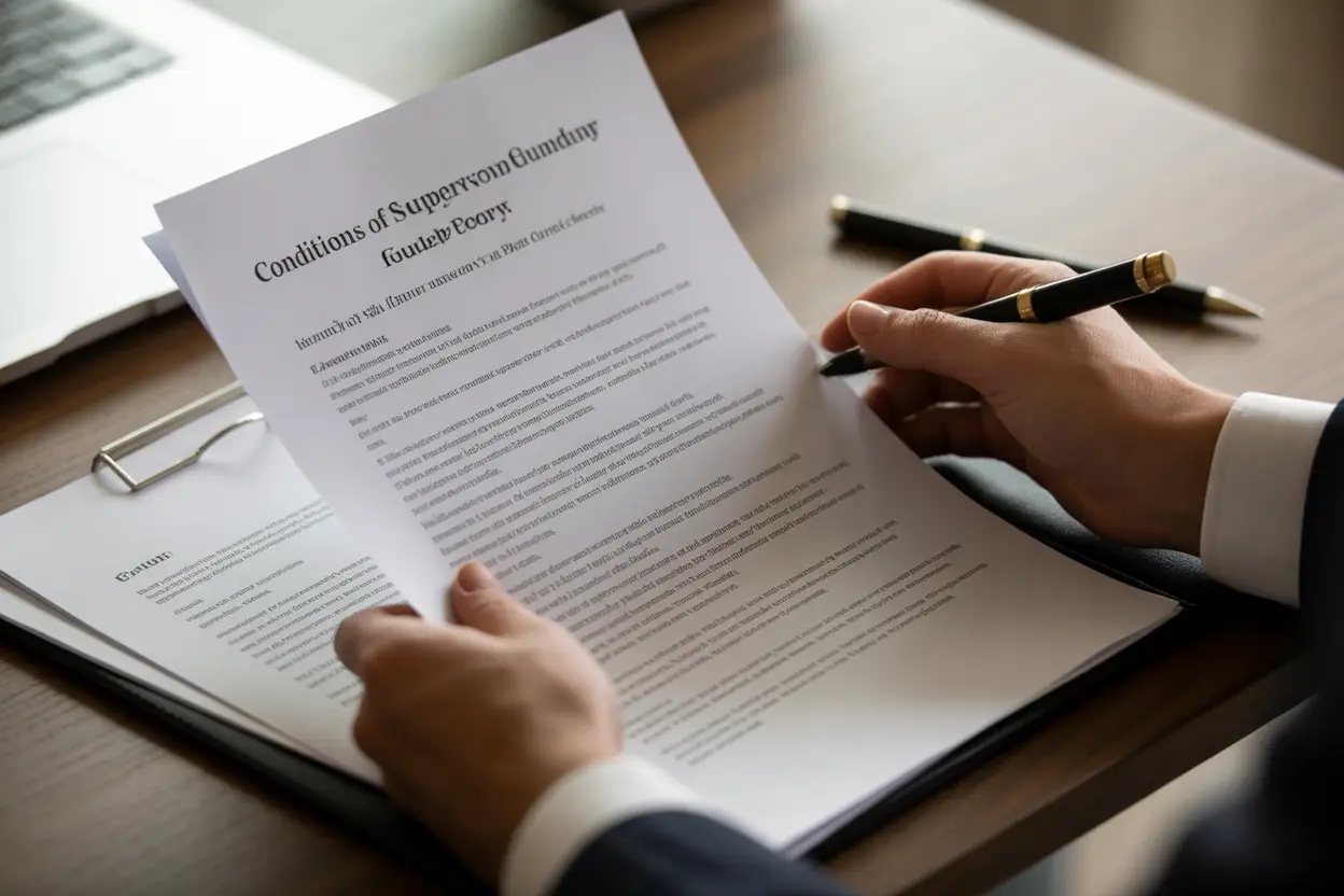 A person's hands carefully reviewing a document listing probation conditions on a desk.