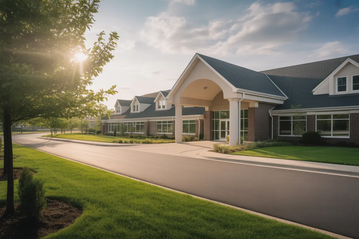 The welcoming entrance of a community corrections treatment facility in Indiana on a sunny day.