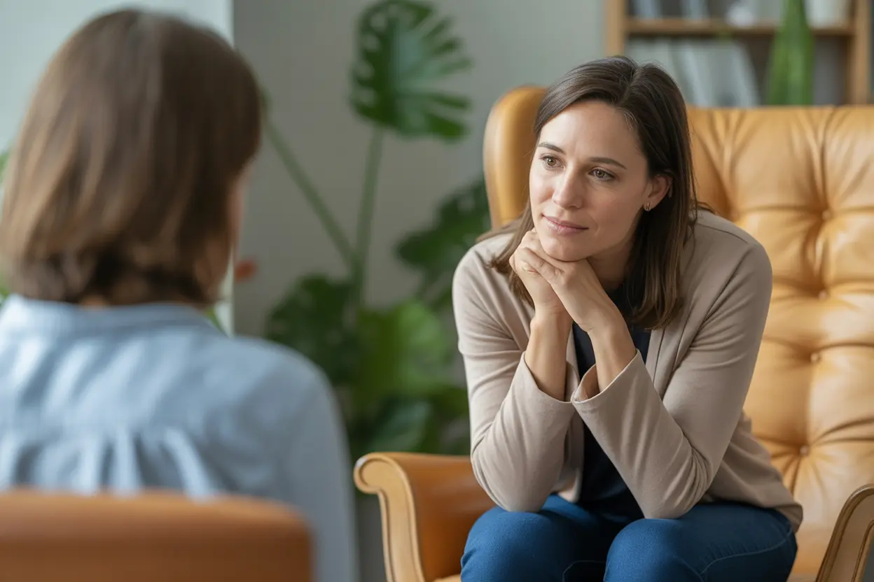 A compassionate therapist listens with an empathetic expression in a calm and safe office setting.