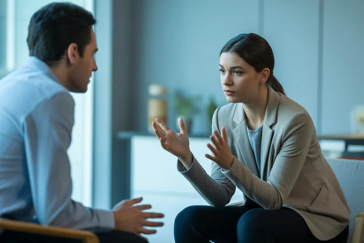 A professional receiving a supportive consultation in a private office.