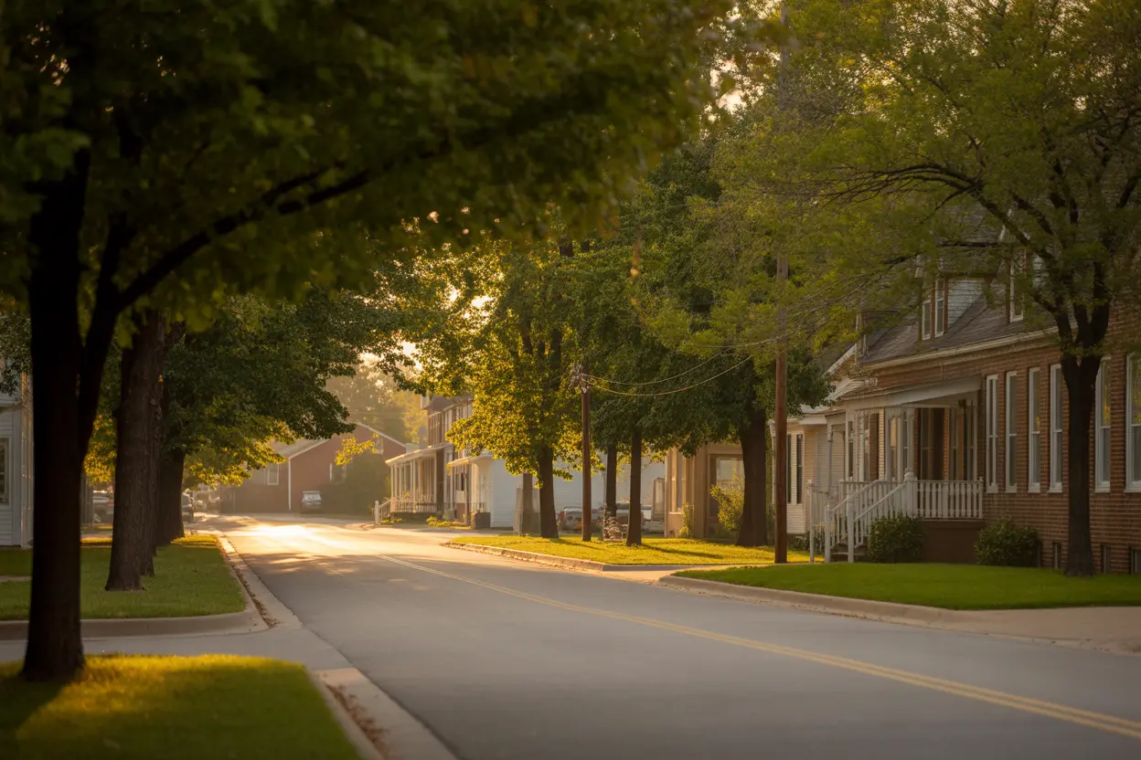 A quiet, tree-lined street in a small Indiana town, representing a peaceful place to heal.