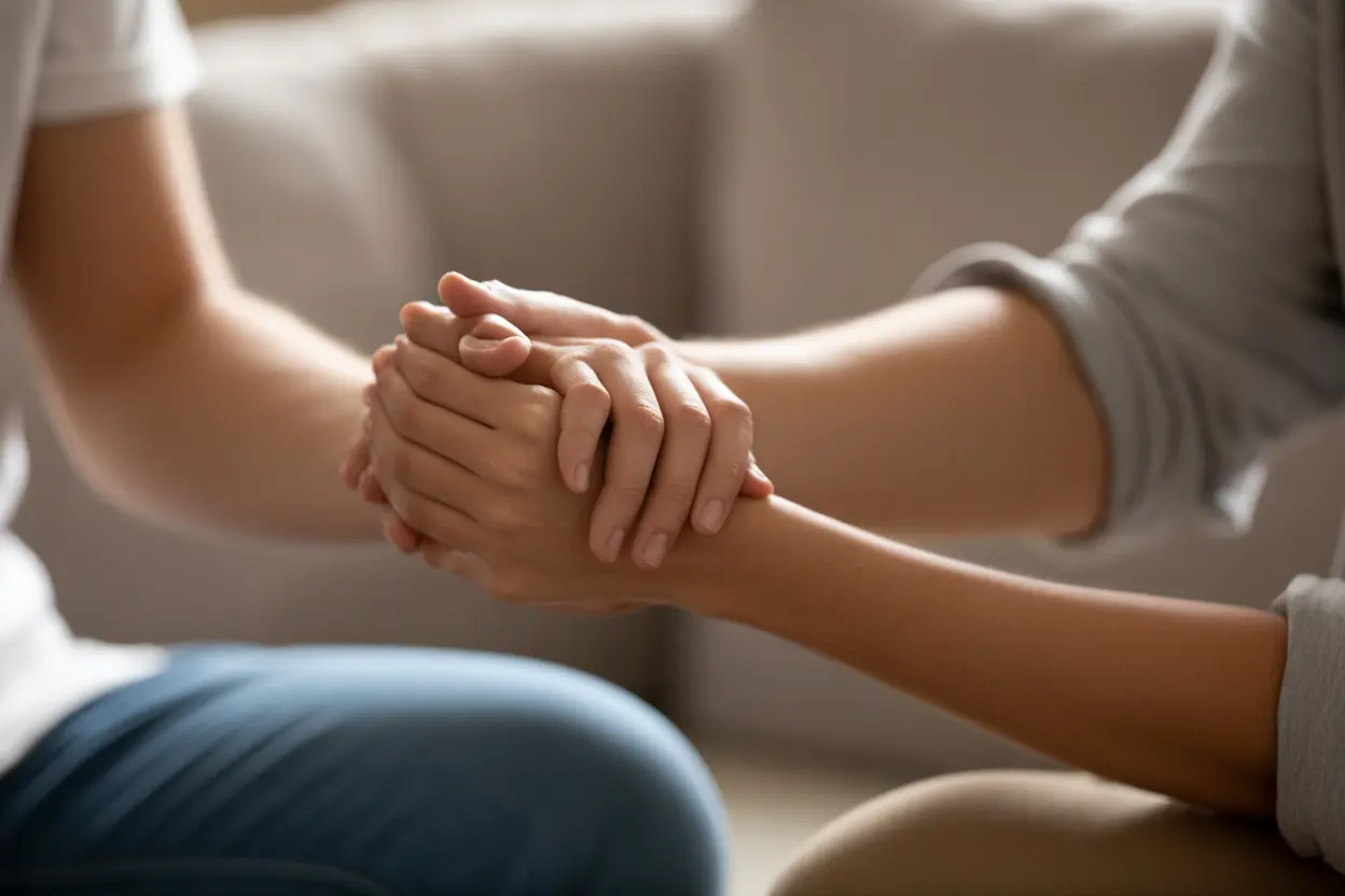 A supportive hand rests on another person's arm, conveying safety and empathy in a therapy setting.