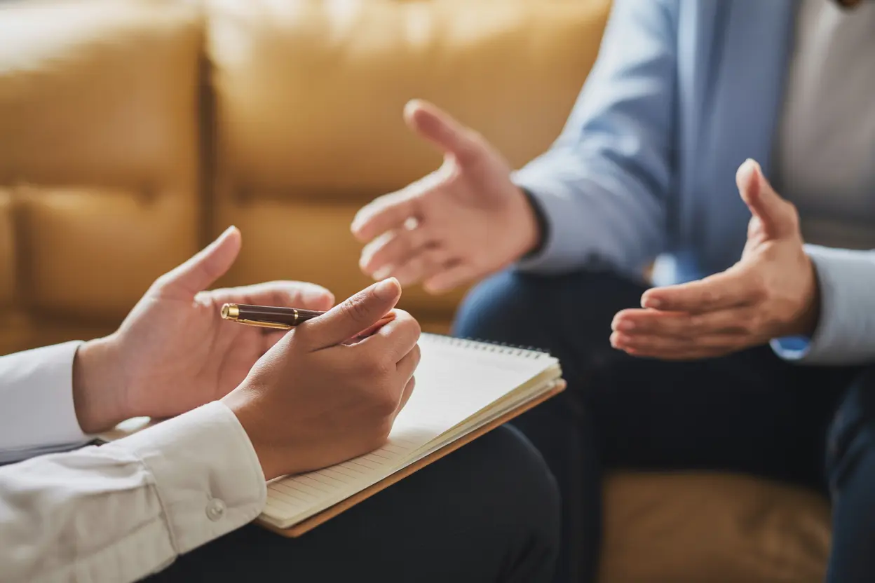 A compassionate therapist's hands during a session, symbolizing professional support and trust in a therapy setting.