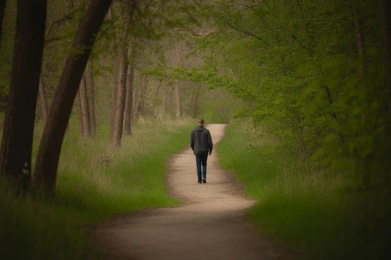 A person walking on a contemplative, peaceful path in a sunlit Indiana forest, symbolizing the journey of healing from grief.