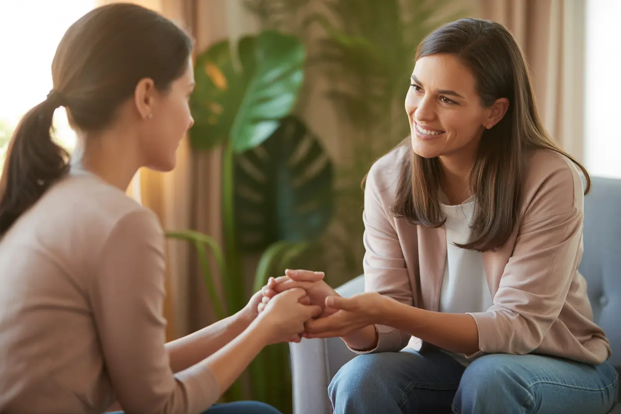 A therapist and client in a supportive therapy session in a brightly lit, comfortable room.