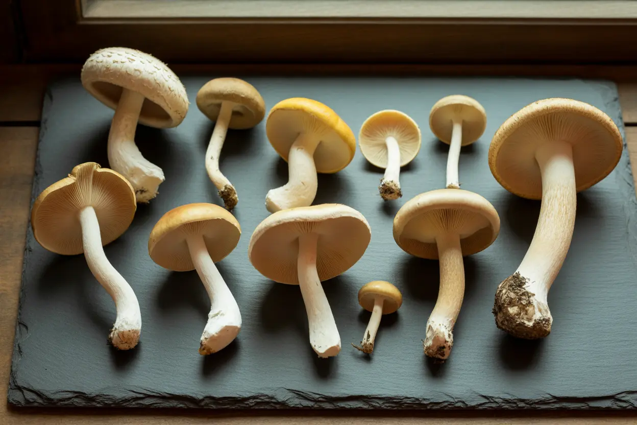 A collection of different psilocybin mushroom species on a wooden surface, shown for educational purposes.