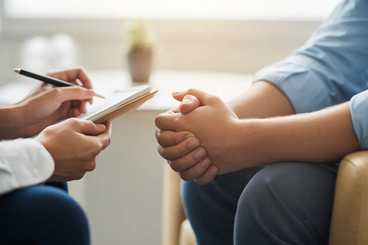 A therapist's hands holding a notepad next to a patient's calm hands, symbolizing trust and guidance in a therapy session.