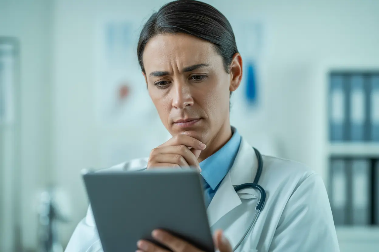 A caring doctor reviews a patient's chart on a tablet, showing careful consideration and professionalism in a medical office.