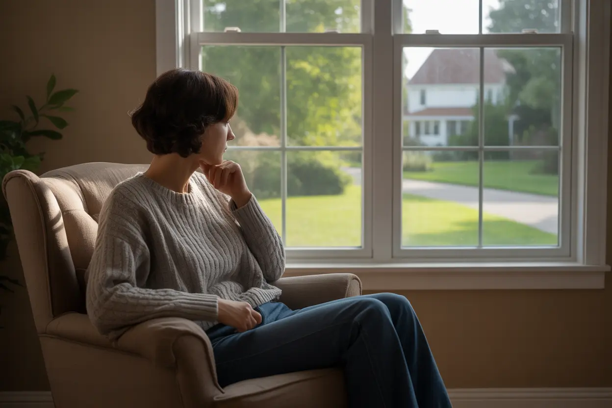 A person in thoughtful reflection, sitting in a sunlit room in Indiana, considering seeking help for their well-being.