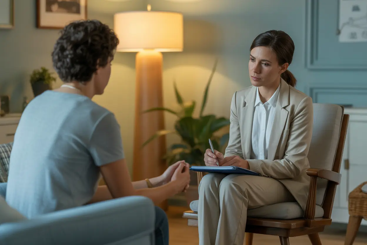 A compassionate therapist listens to a patient in a safe, professional therapy session.