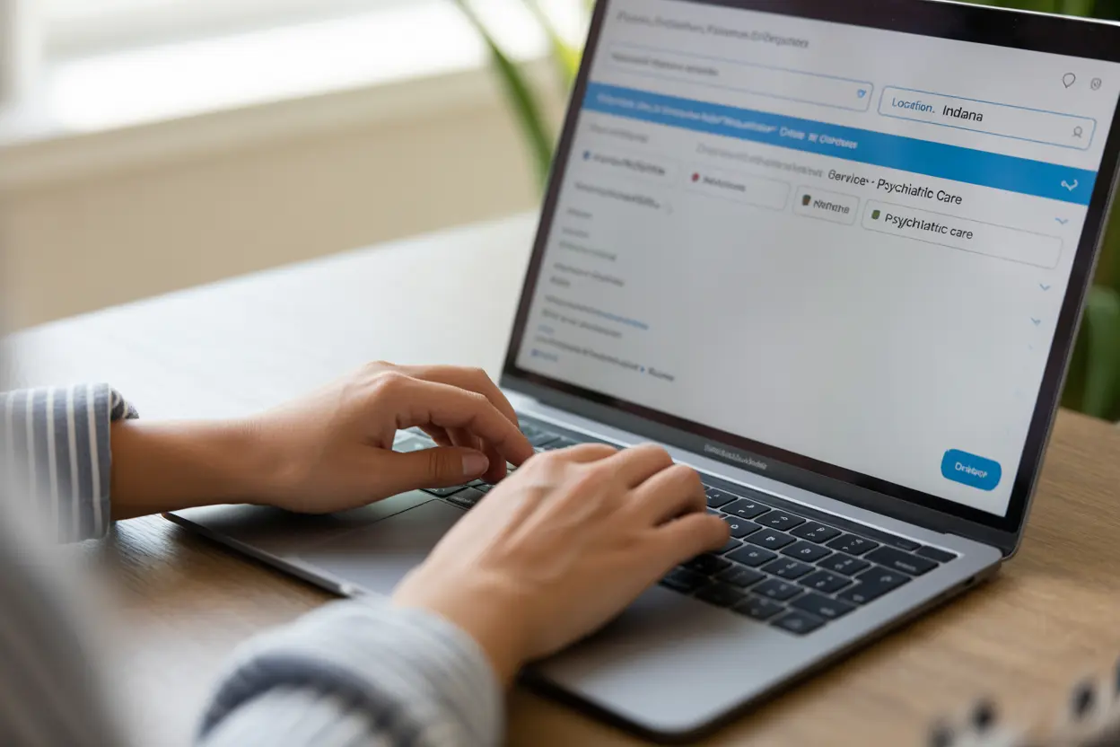 A person uses a laptop to search for psychiatric care in Indiana, with search filters for location and service visible on the screen.