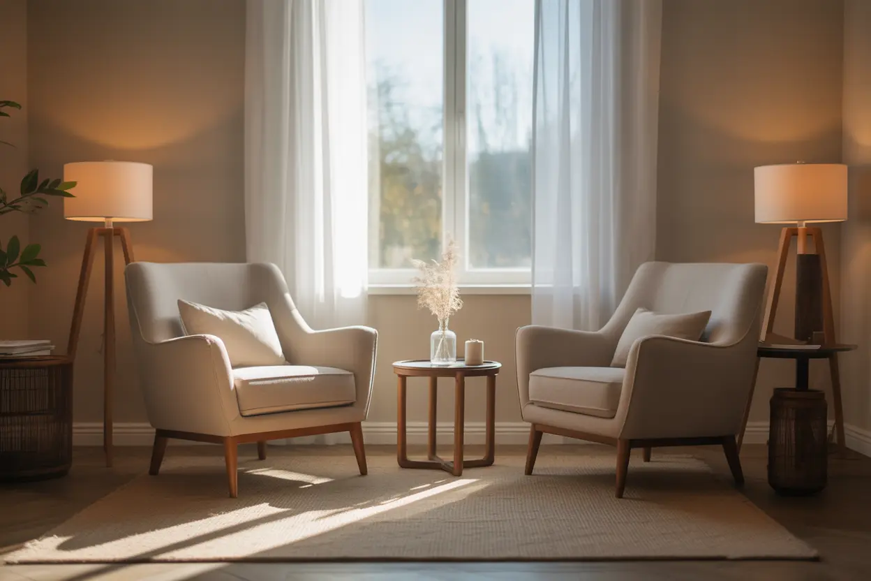 A calm and welcoming therapy office with two comfortable chairs, suggesting a safe space for conversation.