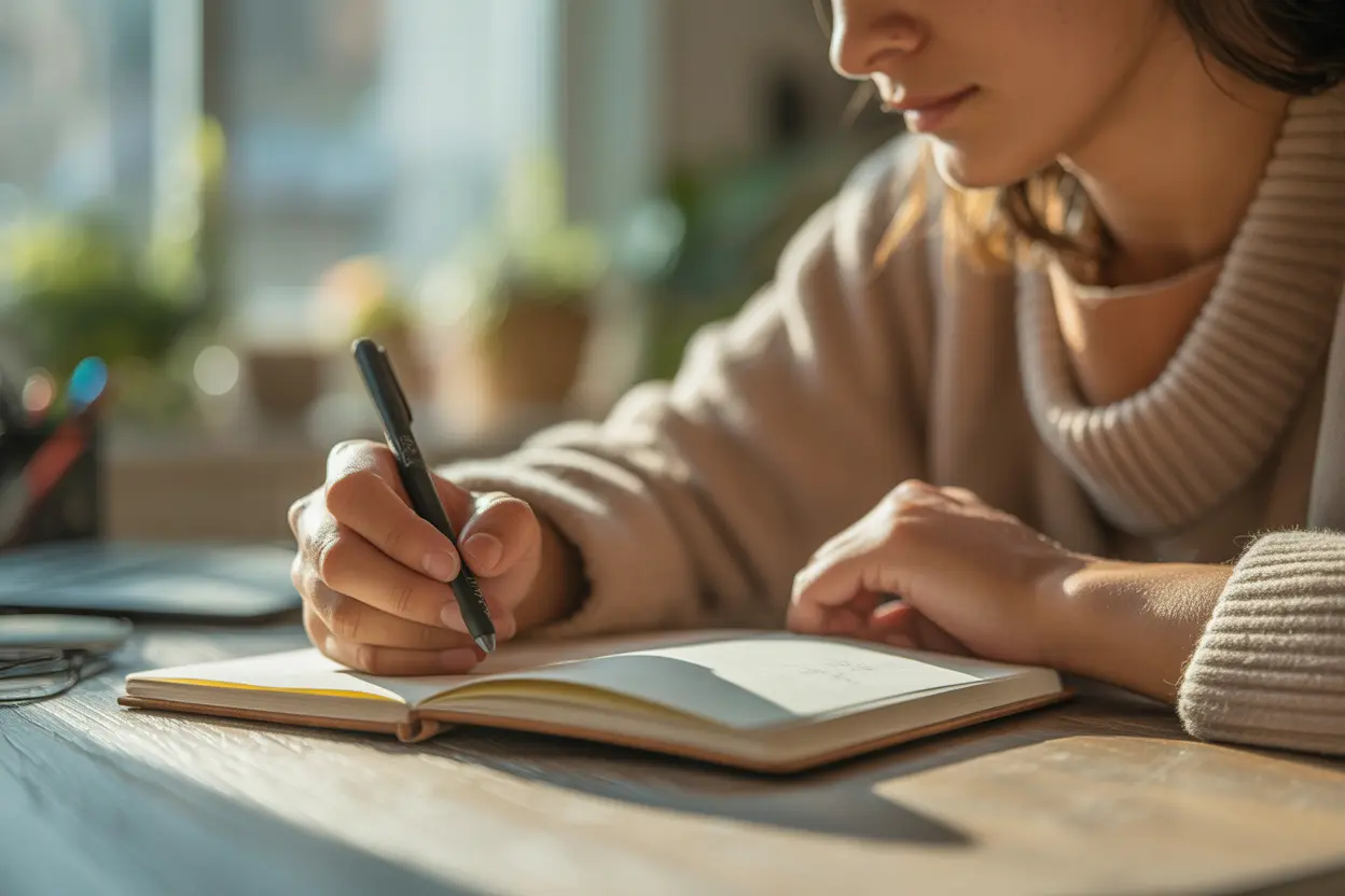 A person journaling in a sunlit room, conveying a sense of personal insight and well-being.