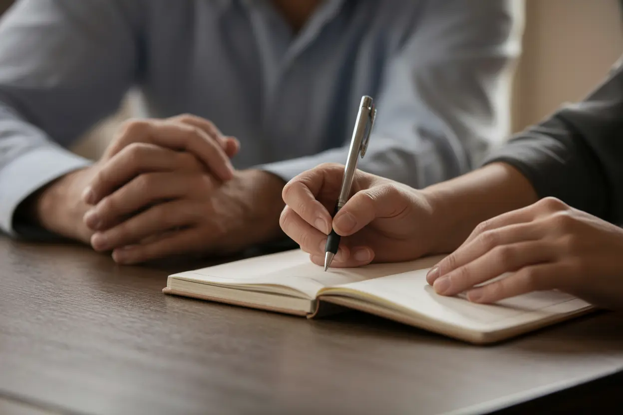 Two people working on a recovery plan in a workbook, symbolizing hope and proactive skill-building.