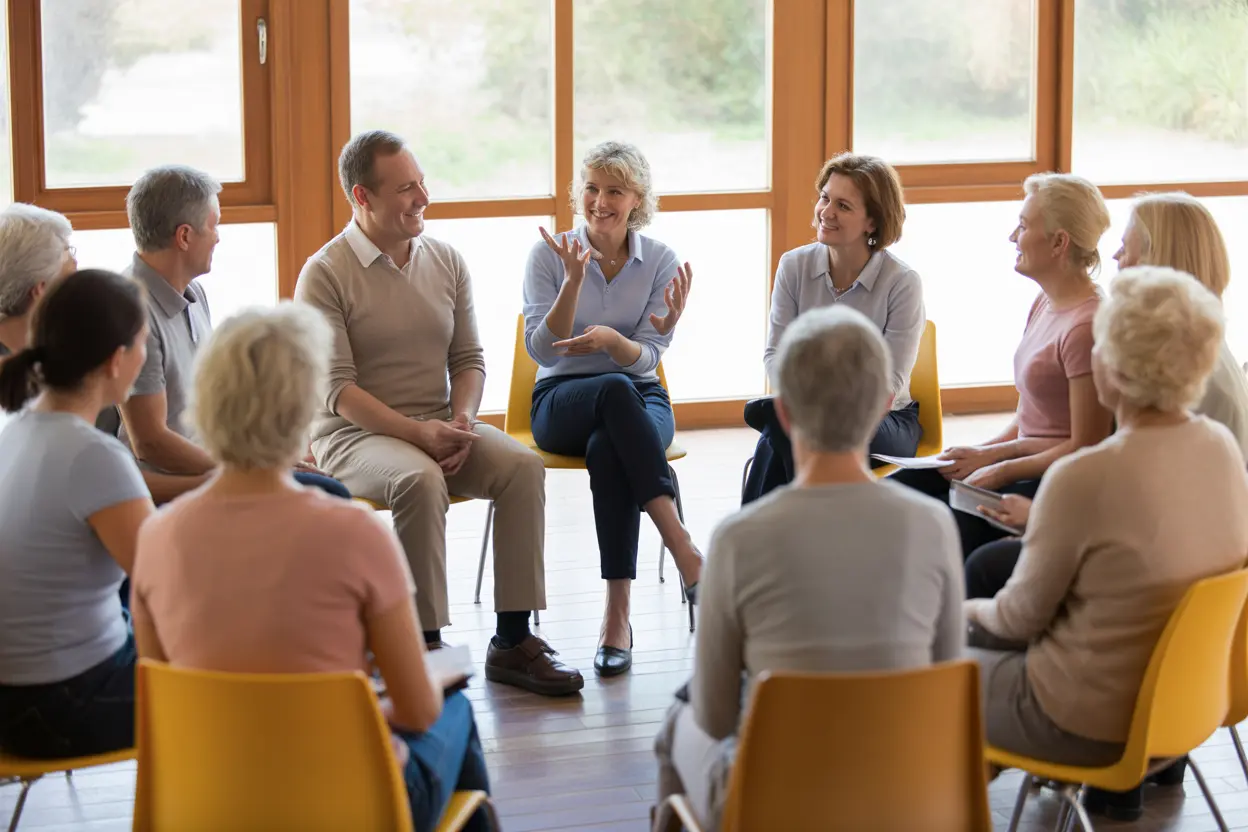 A supportive group of diverse adults participating in a psychoeducation session.